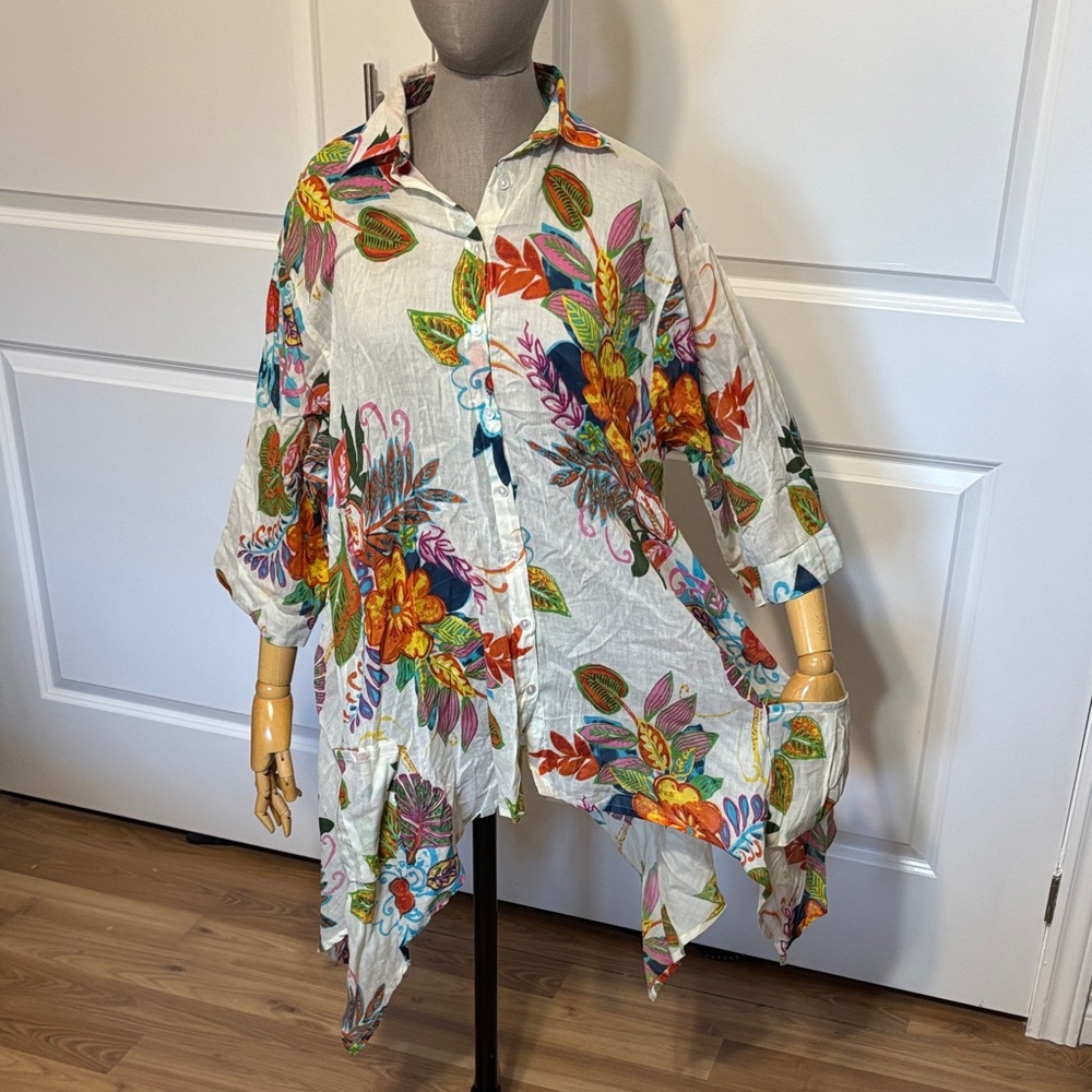 Orange Fashion Village Floral Tunic - White with Blue Green, Orange & Pink NWT - Picture 7 of 12